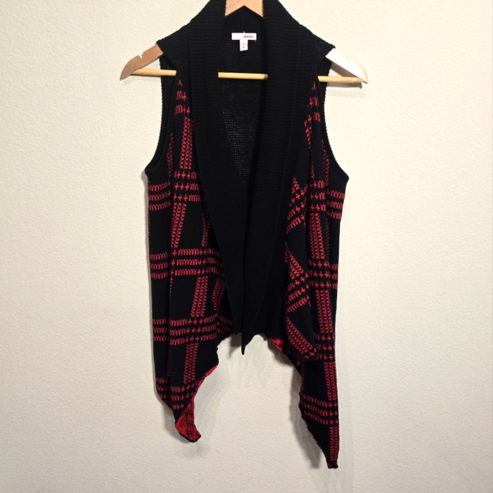 Bongo Navy Blue and Red Plaid Open Front Vest, Grandmacore, 100% Cotton Knit